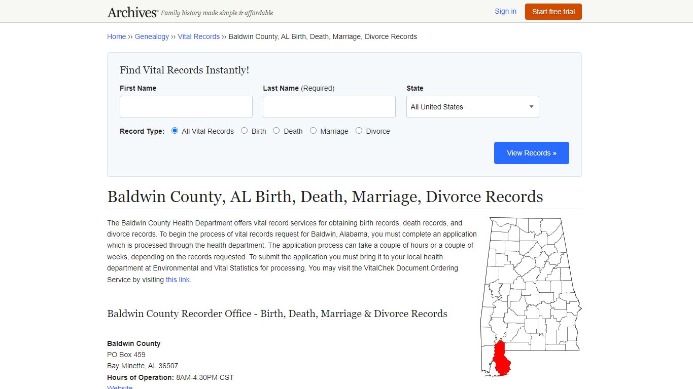 Baldwin County, AL Birth, Death, Marriage, Divorce Records